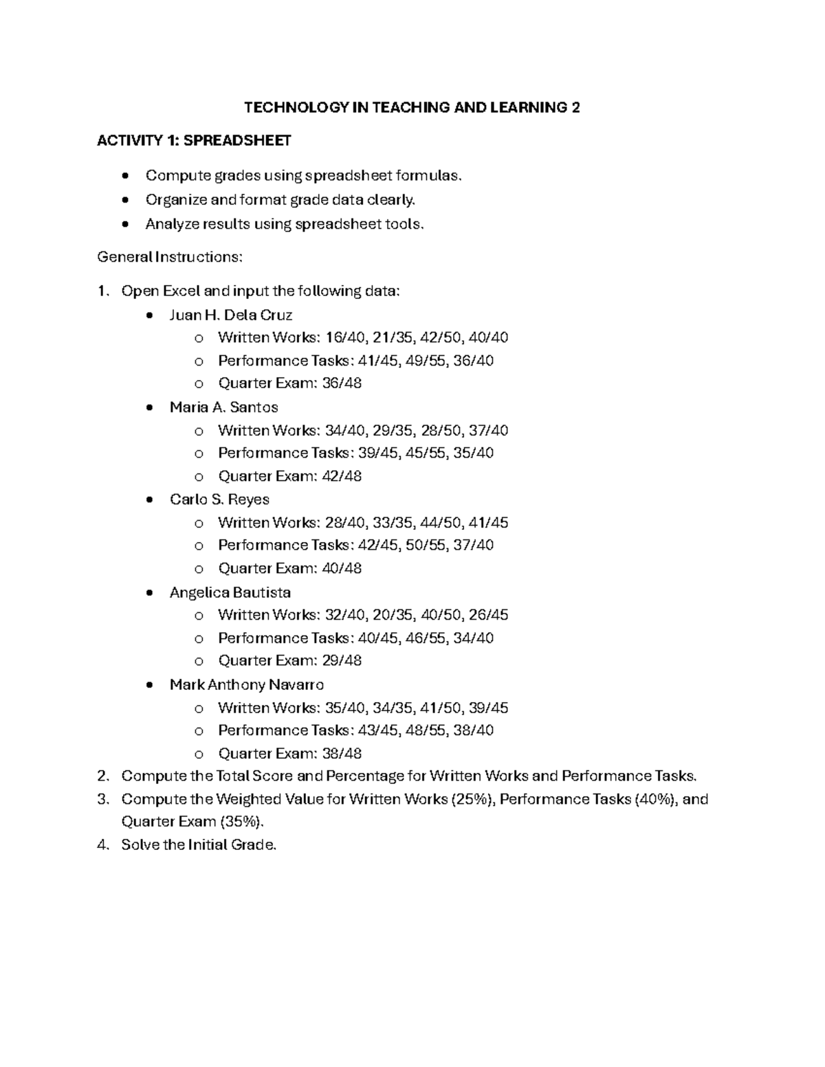 TTL2 Activity 1: Spreadsheet Grade Computation & Analysis - Studocu