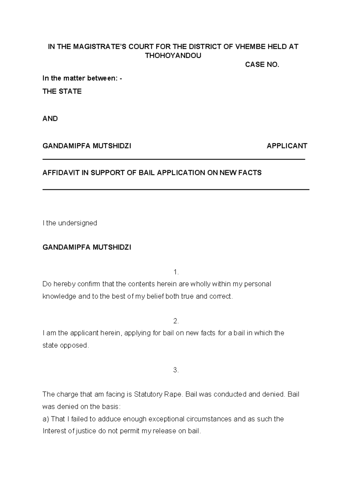 Affidavit in Support of Bail Application - Case No. [Insert Case No ...