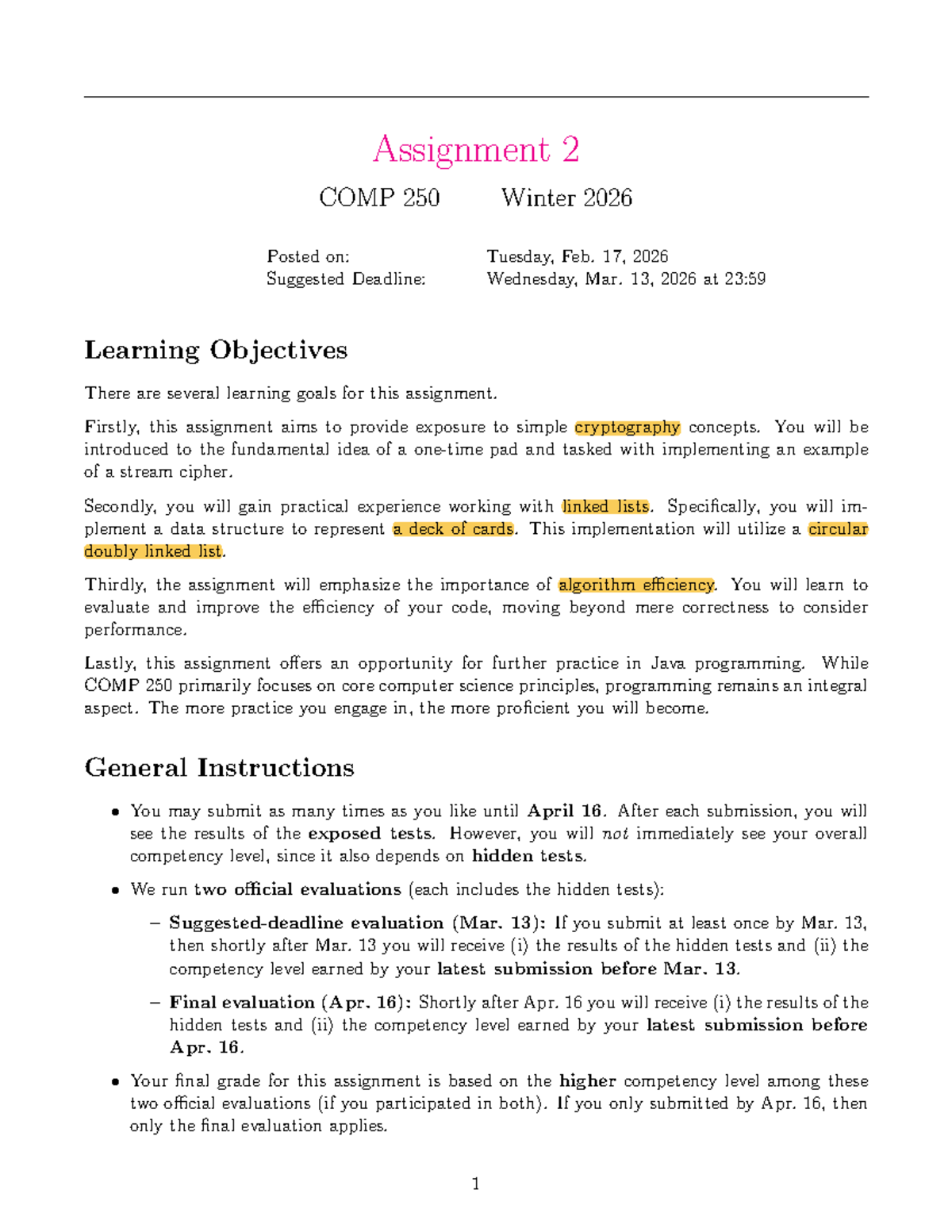 COMP 250 Winter 2026 Assignment 2: Cryptography & Linked Lists - Studocu