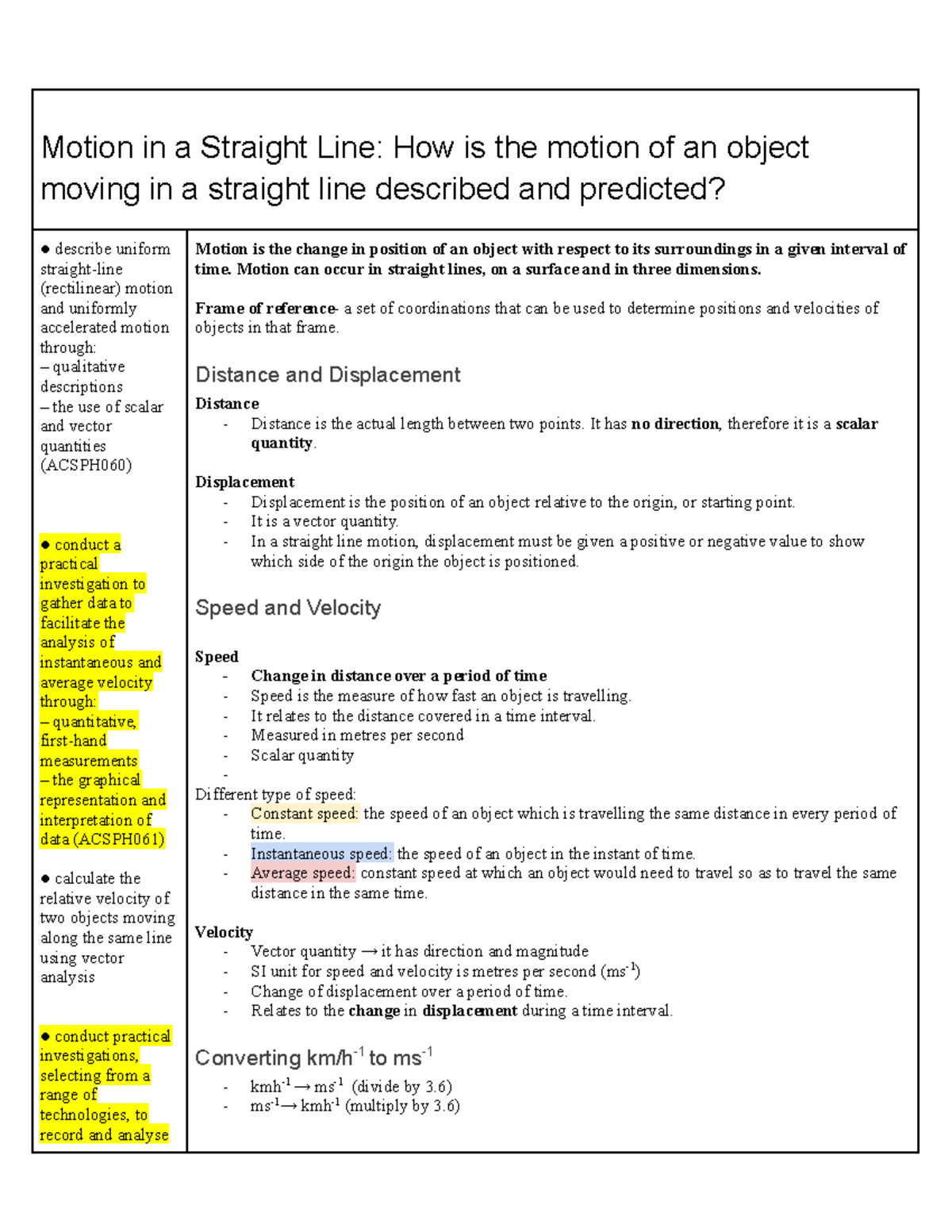 Mod 1 Physics Notes: Motion in a Straight Line and Plane (ACSPH060 ...