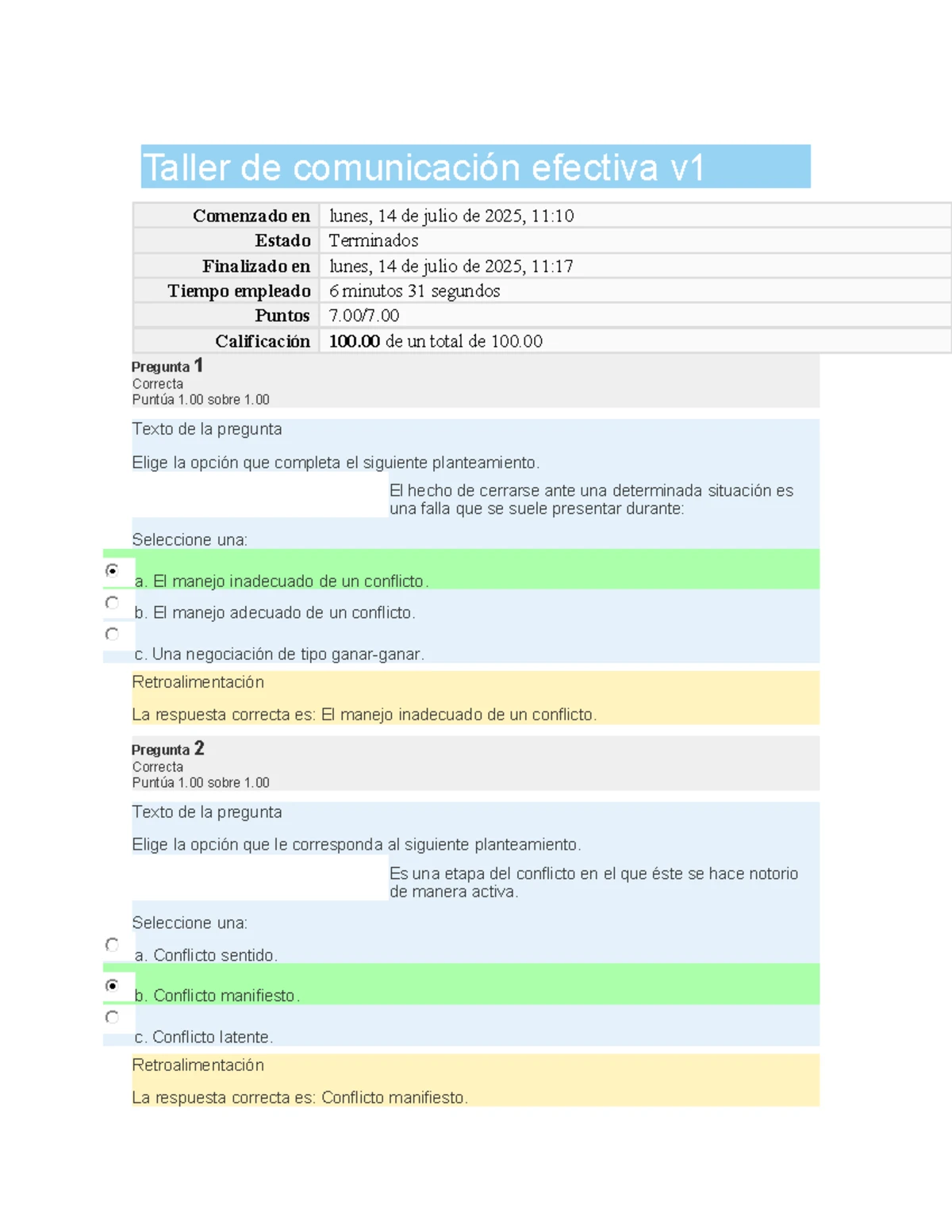 Taller de Comunicación Efectiva - Respuestas y Retroalimentación - Studocu