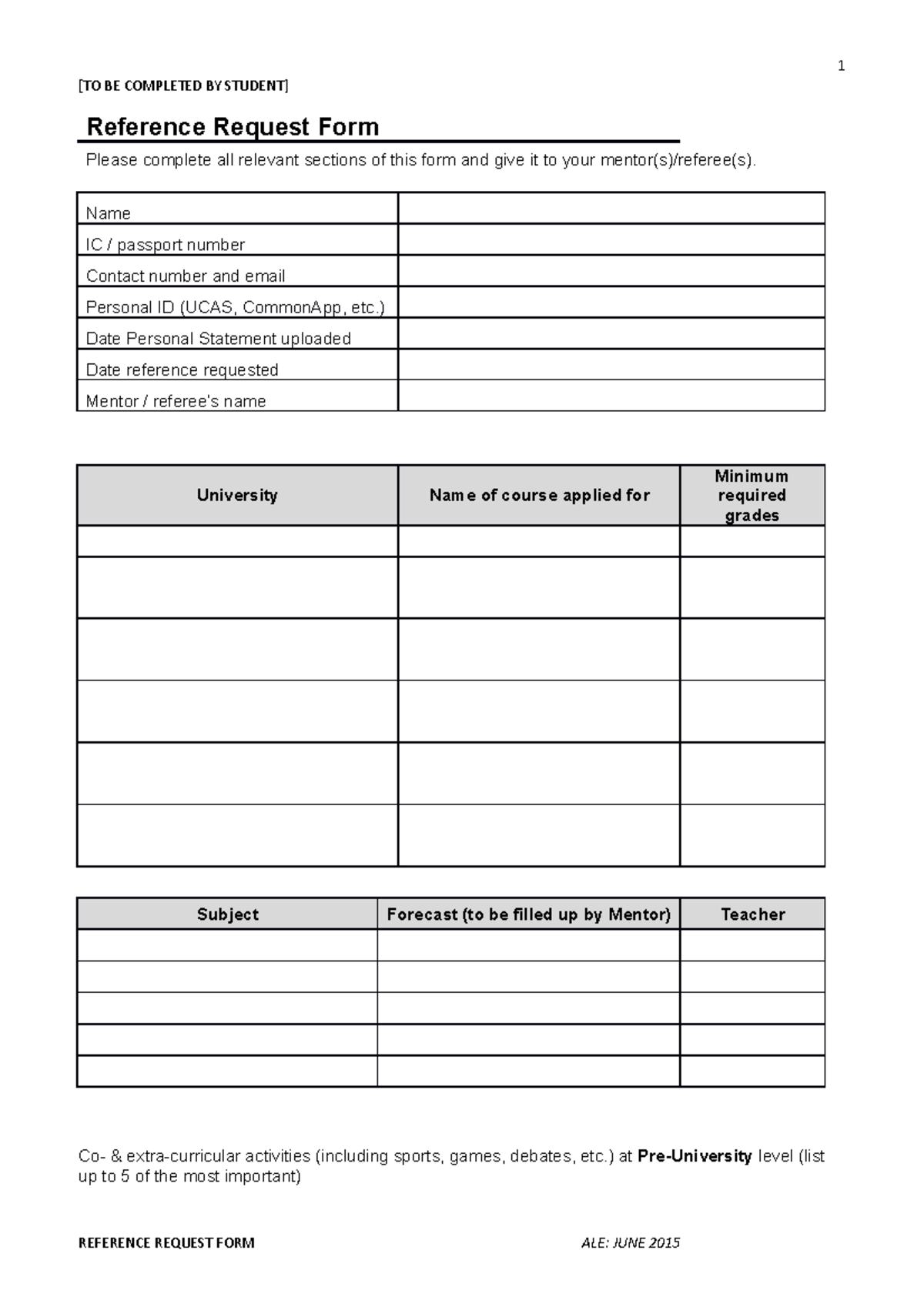 Reference Request Form for University Applications (ALE) - Studocu