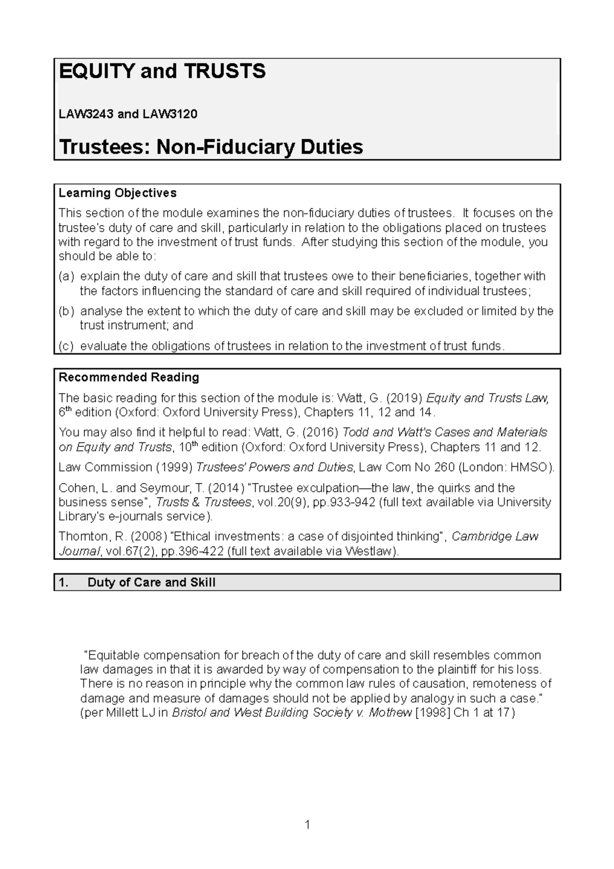 LAW3243 - Non-Fiduciary Duties of Trustees in Equity and Trusts - Studocu