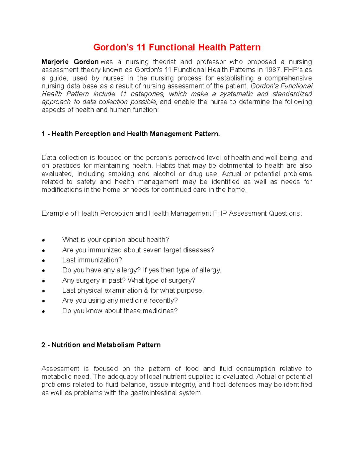 Gordon's 11 Functional Health Patterns: Nursing Assessment Guide - Studocu