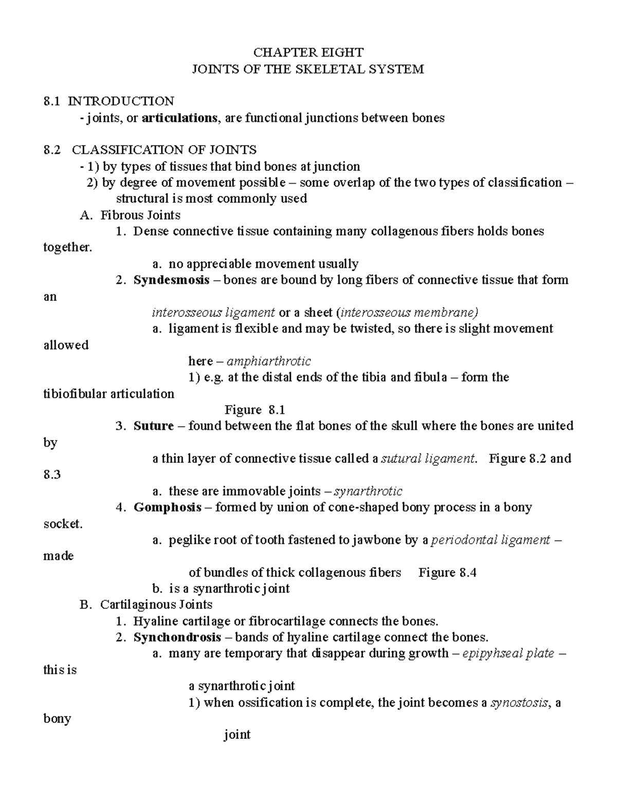 Chapter 8 - Joints of the Skeletal System Overview (BIO 225) - Studocu