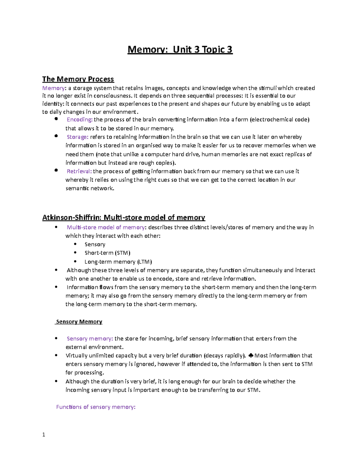 Unit 3 Topic 3: Memory Processes and Theory Overview (U3 T2 Psych ...