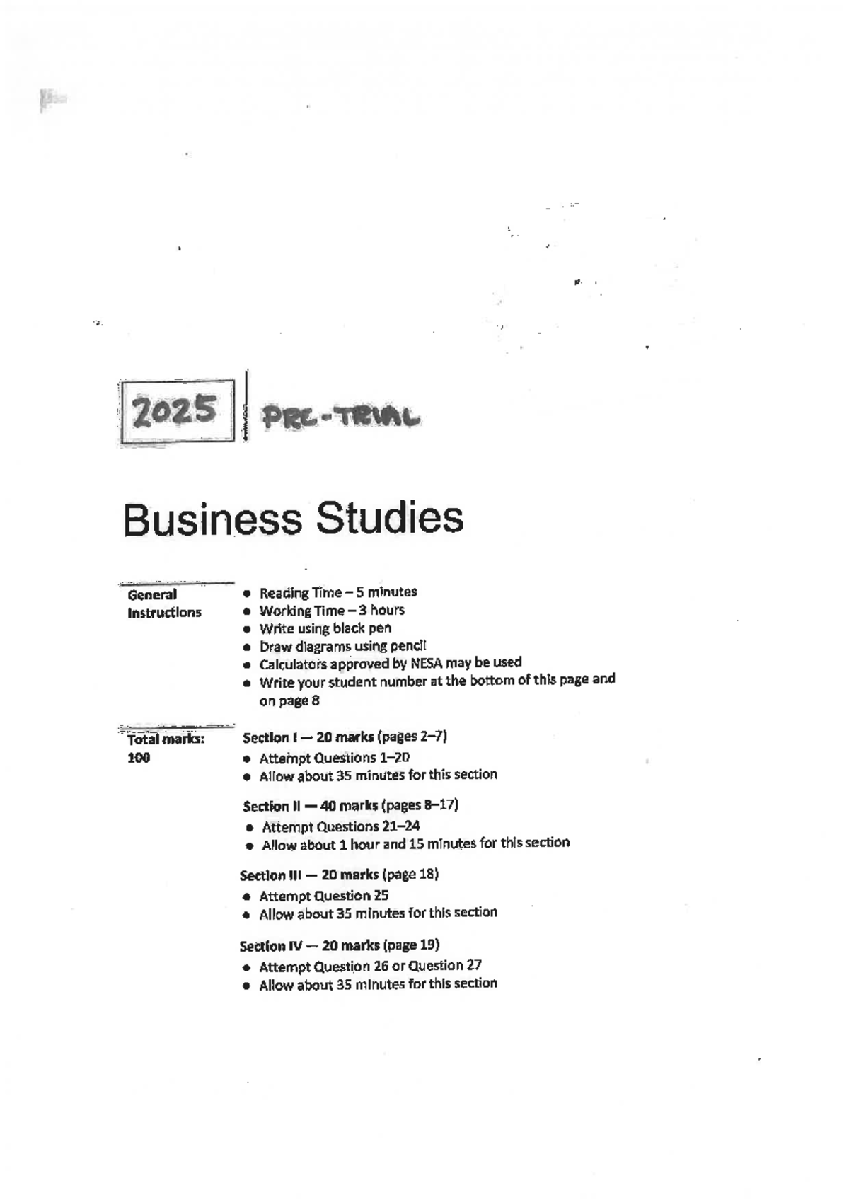 2025 HSC Business Studies Trial Exam Paper - General Instructions - Studocu