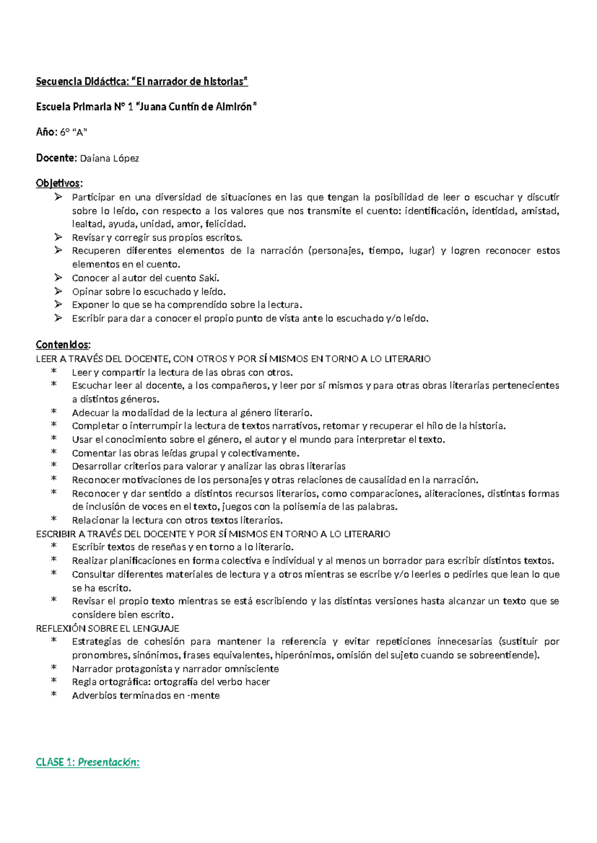 Secuencia Didáctica: El narrador de historias - 6° A - Document Preview