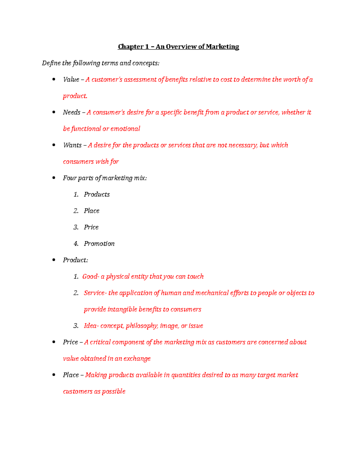 Chapter 1 Notes-1 - Yes - Chapter 1 – An Overview of Marketing Define ...