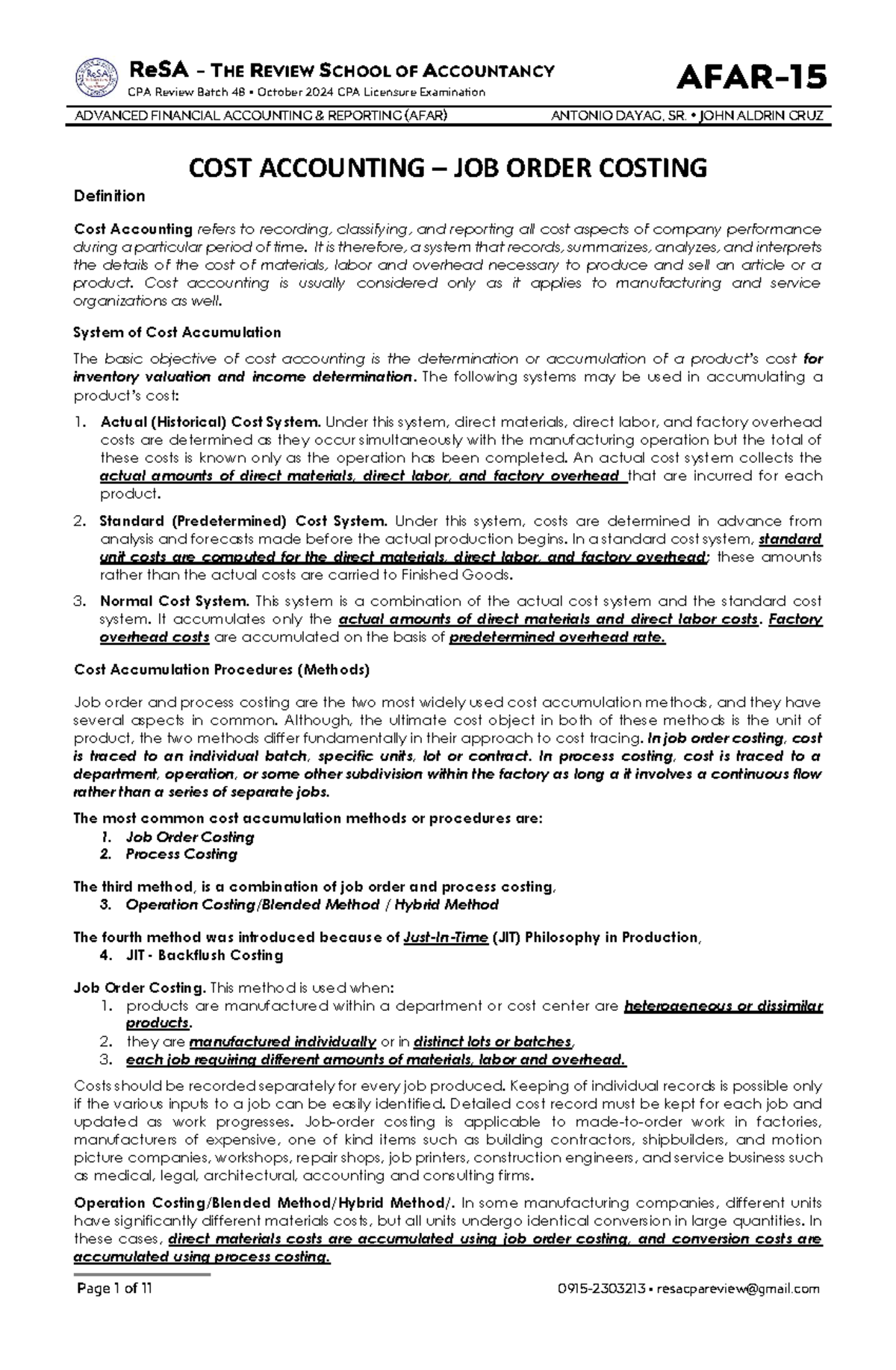 AFAR-15 Job Order Costing Overview and Key Concepts for CPA Review - Document Preview