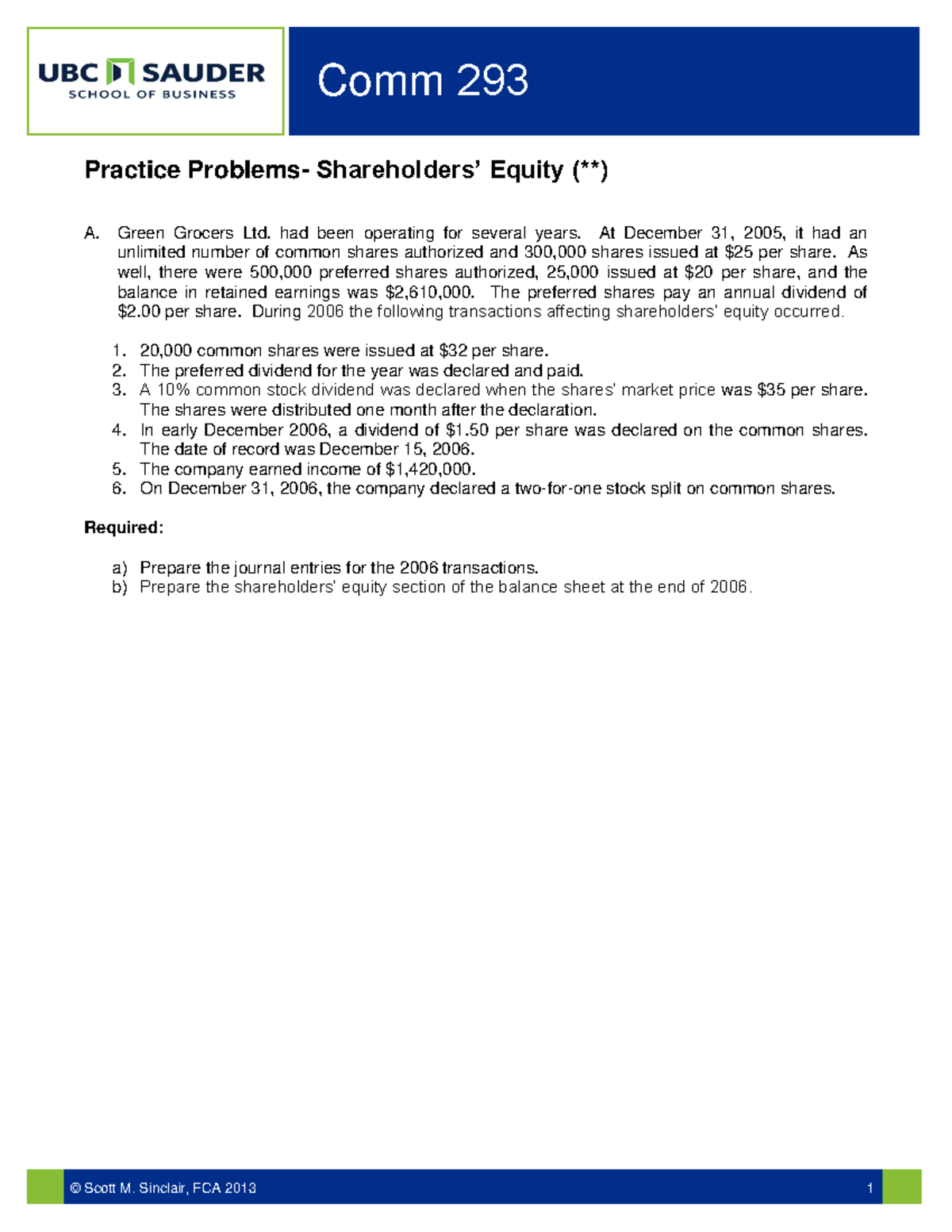 Practice Problems: Shareholders' Equity for Comm 293 - Studocu