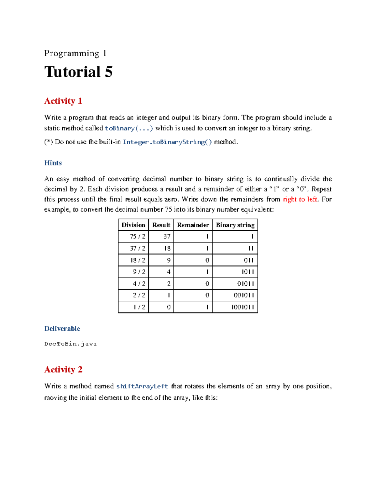 Programming 1 Tutorial 5: Binary Conversion & Array Manipulation - Studocu