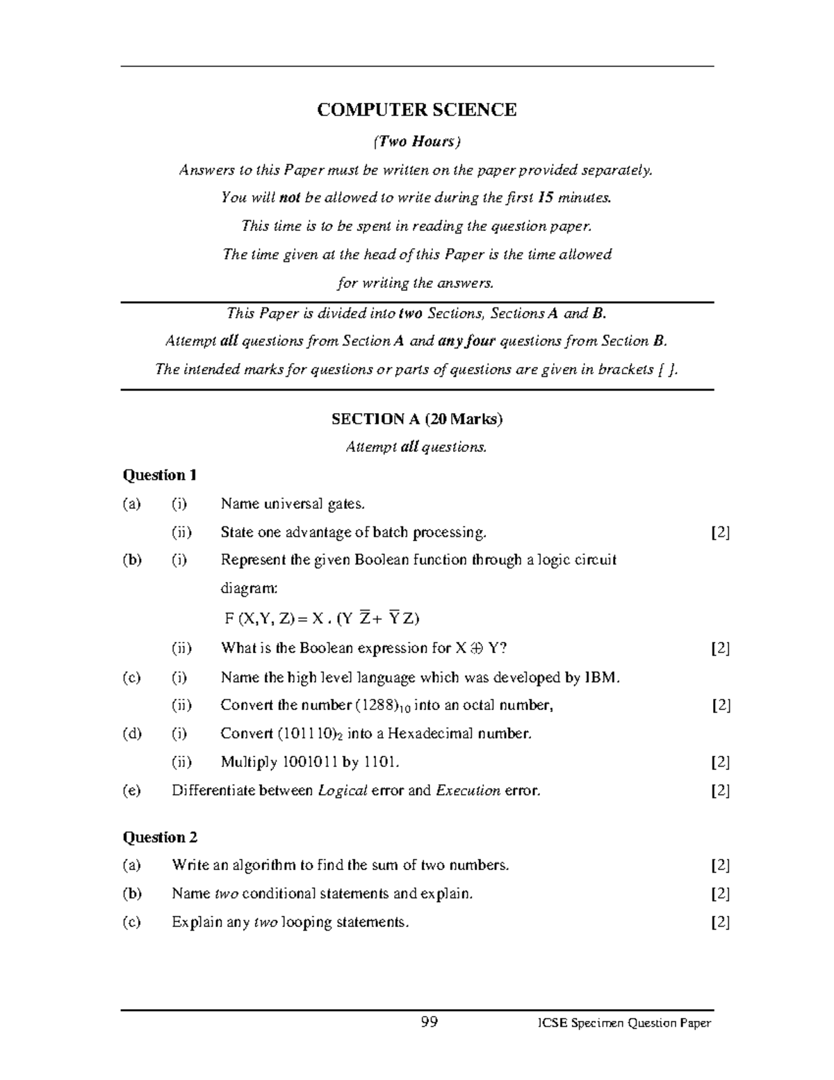 Computer Science - COMPUTER SCIENCE (Two Hours) Answers to this Paper ...