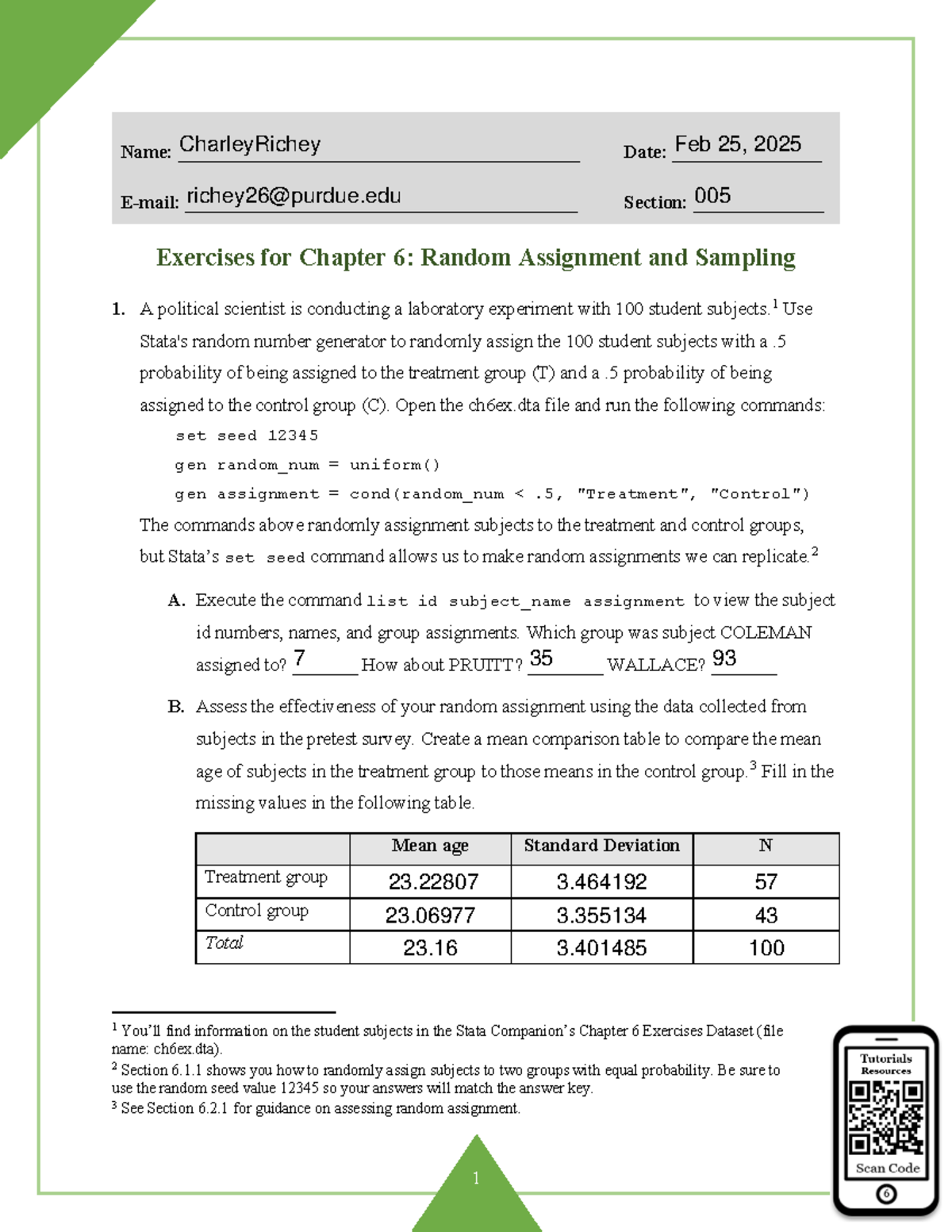 Exercises for Chapter 6: Random Assignment & Sampling (Stata 005) - Studocu