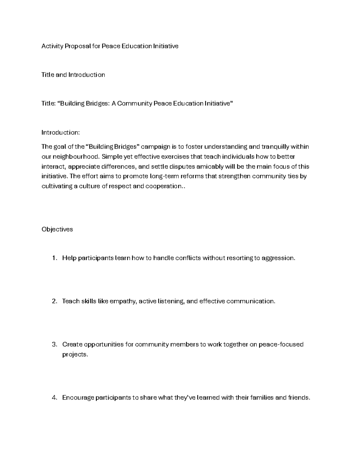 PEACE 101 - Building Bridges: Proposal for Community Initiative - Studocu