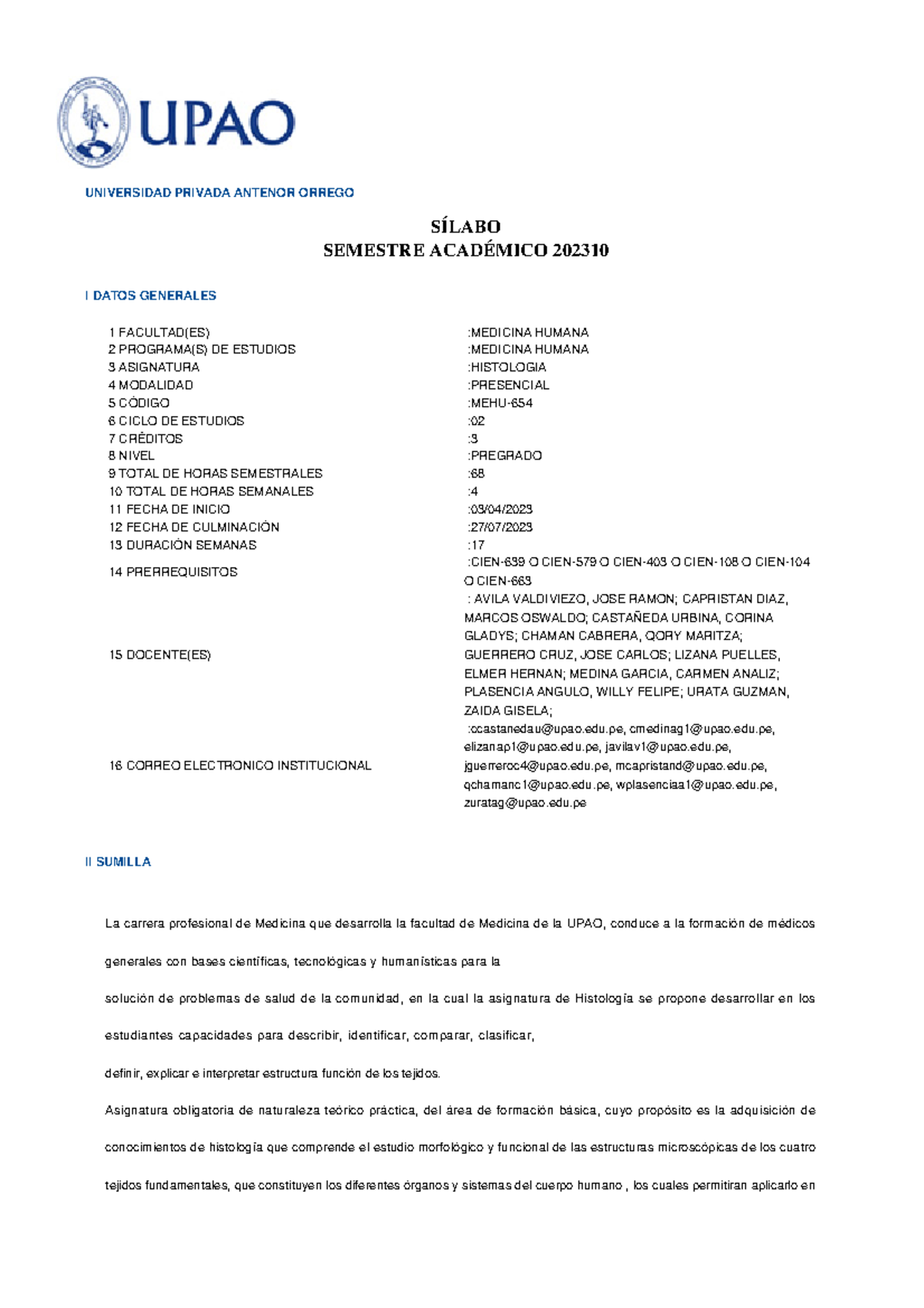 Sílabo del Curso de Histología MEHU-8089 - Semestre 202310 UPAO - Document Preview