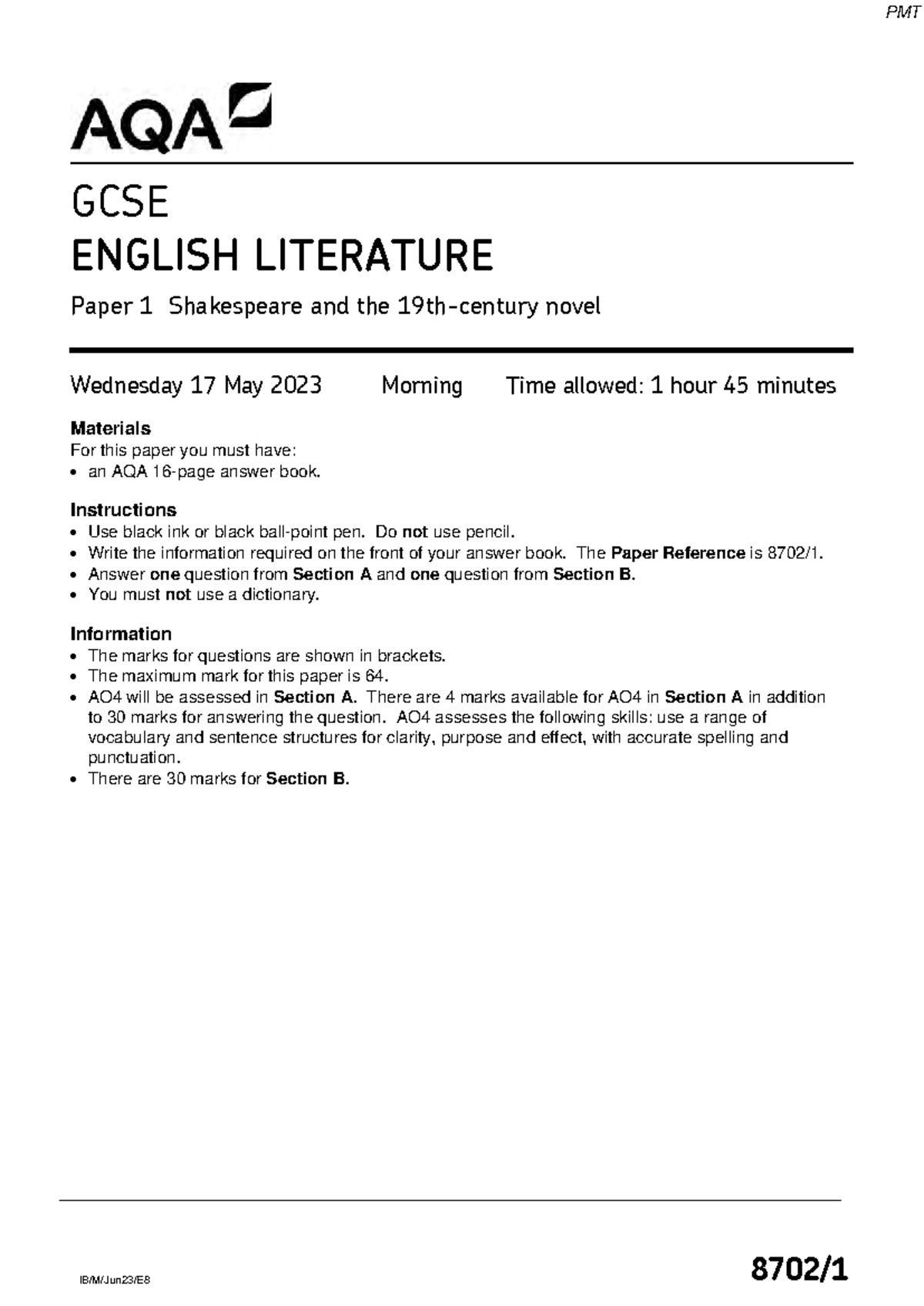 PMT GCSE ENGLISH LITERATURE Paper 1: Shakespeare & Novel Exam Guide ...