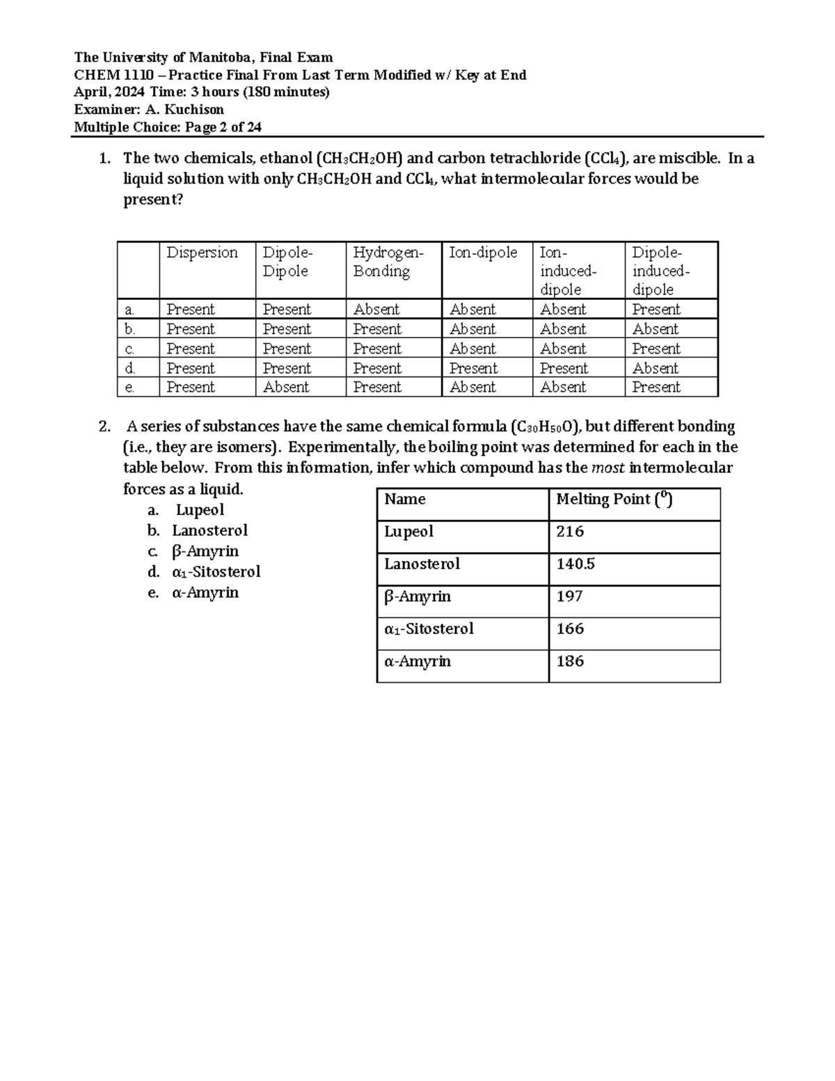 Chem 1110 final exam practice questions and modified key April 2024 ...
