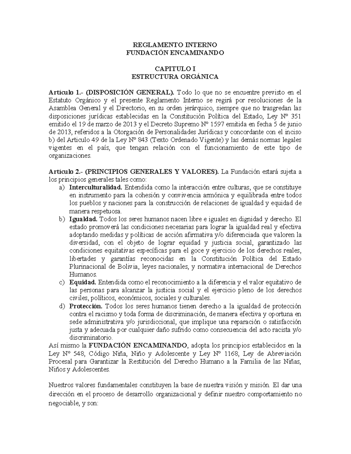 Reglamento Interno de la Fundación Encamindando - Capítulo I y II - Document Preview