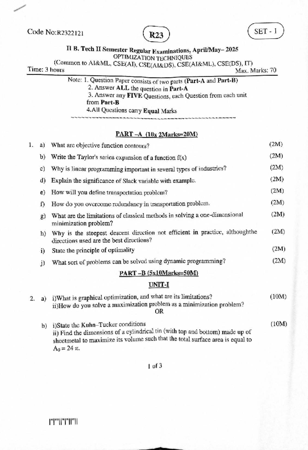 R23 II B. Tech II 2025 Optimization Techniques Exam Paper Set 1 - Studocu