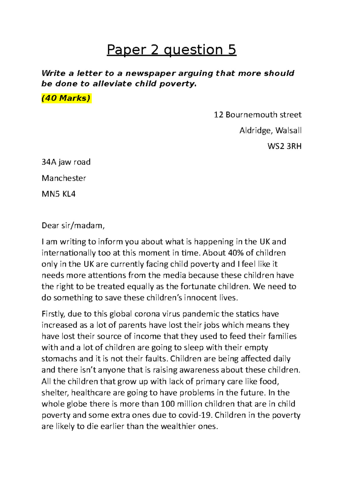 P2q5 Child poverty - n/a - Paper 2 question 5 Write a letter to a ...