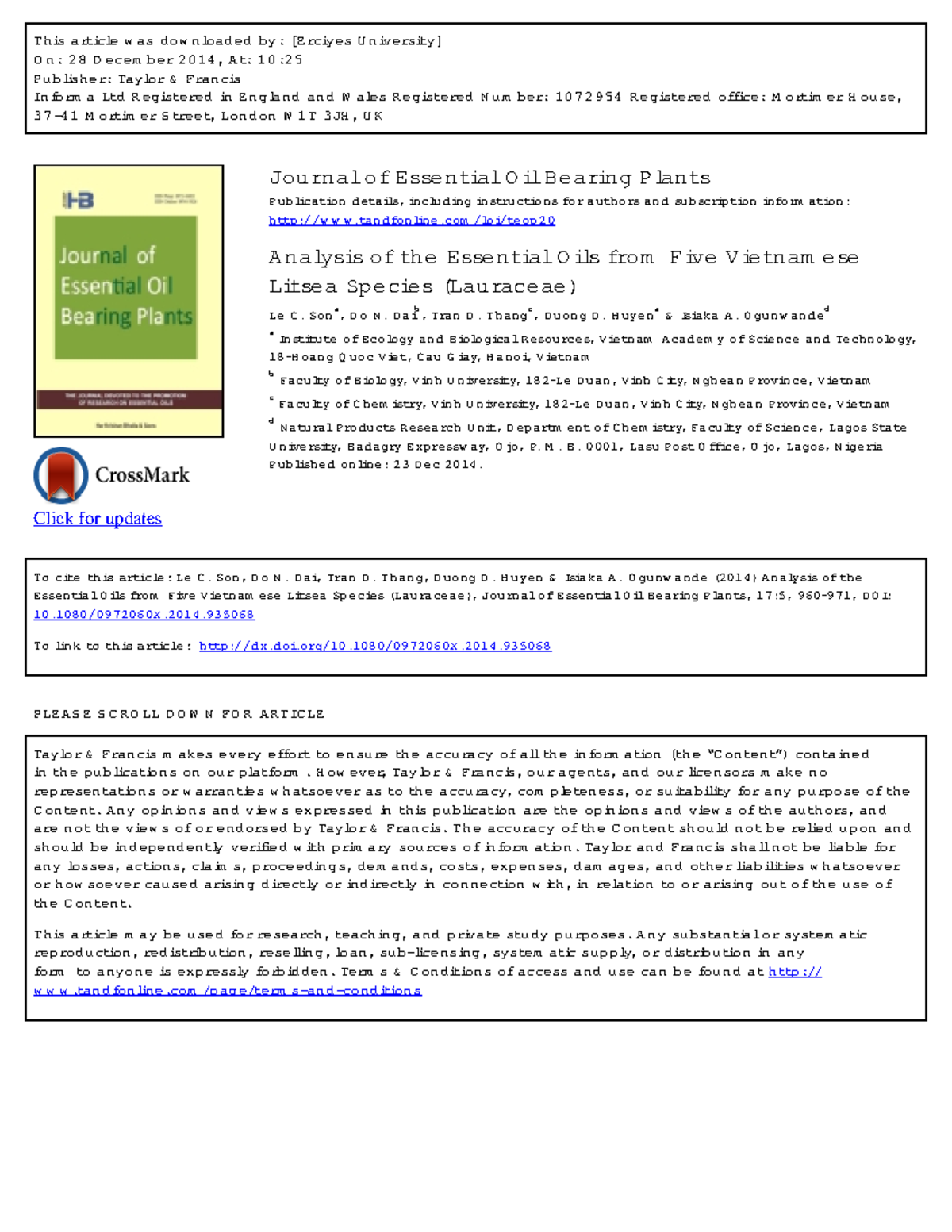 Analysis of Essential Oils from Five Vietnamese Litsea Species (TEOP 17 ...