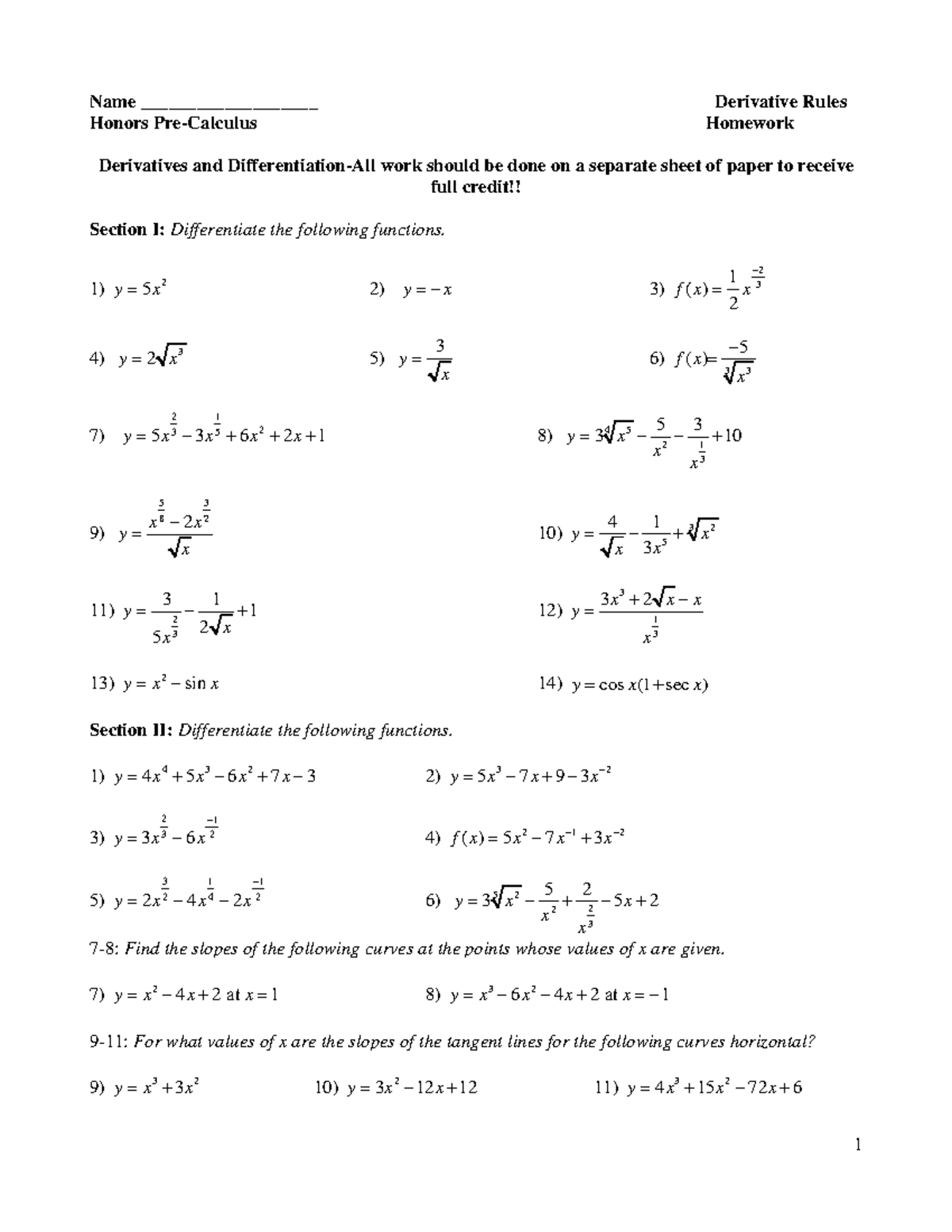 Unit 10 - Derivative Rules Homework: Differentiate Functions and Slopes ...