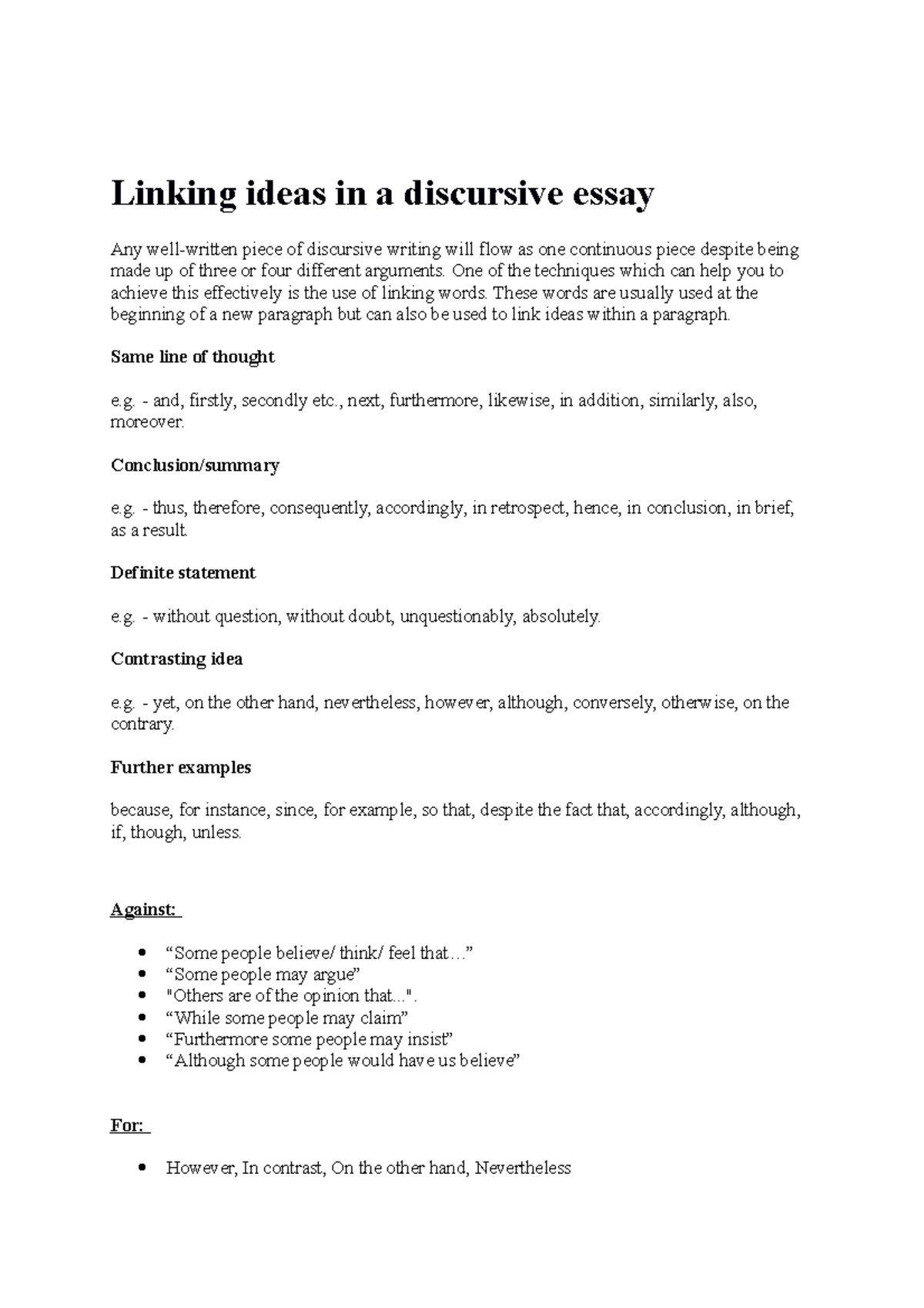 ENG101: Linking Ideas Techniques in a Discursive Essay - Studeersnel