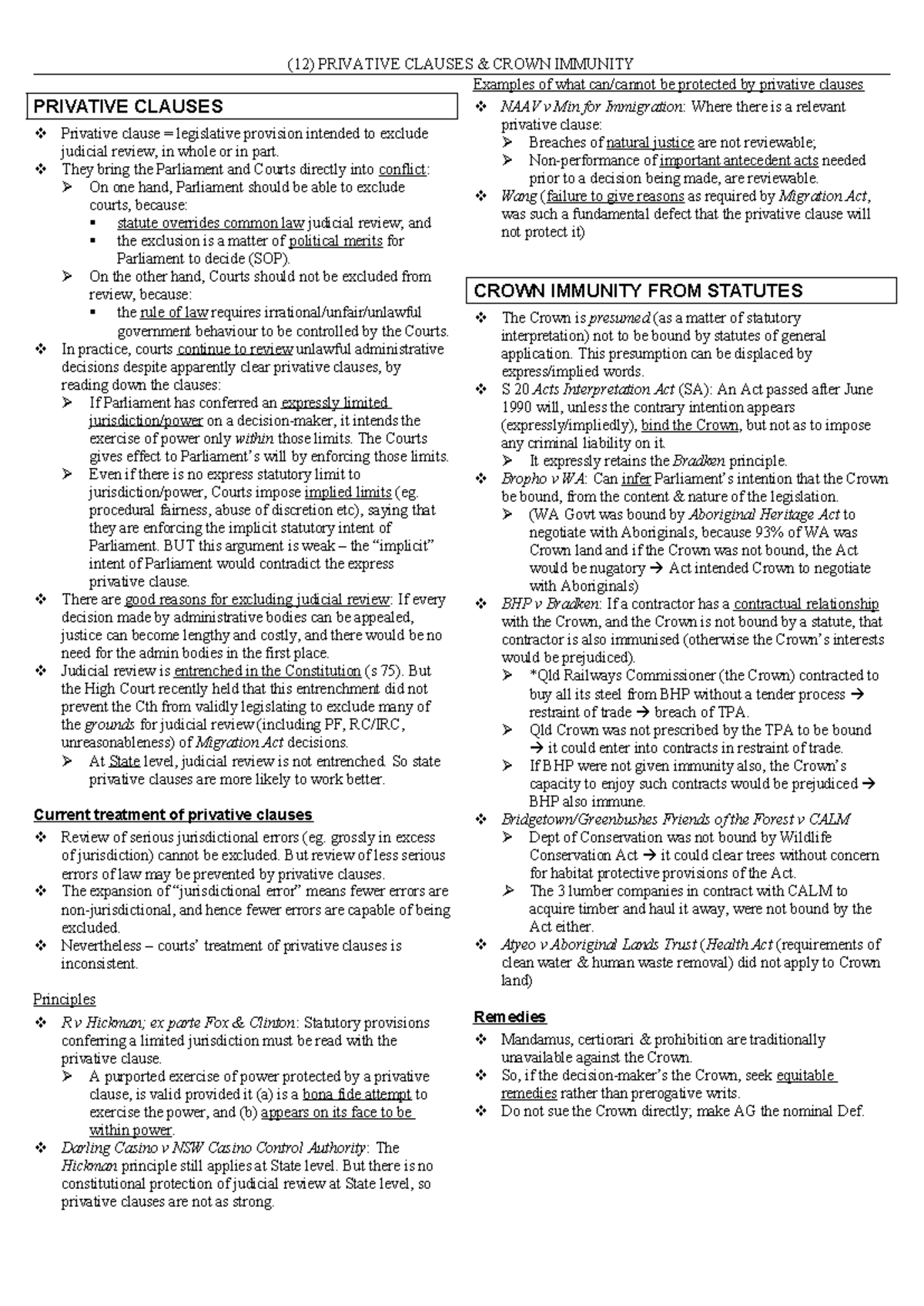 Admin 11 - Privative Clauses & Crown Immunity Overview - Studocu