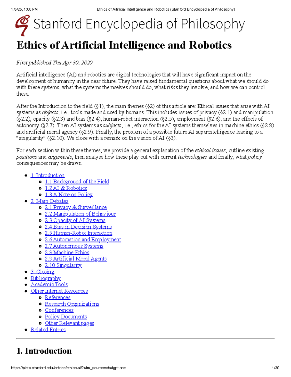 Ethics of Artificial Intelligence and Robotics (Stanford Encyclopedia ...