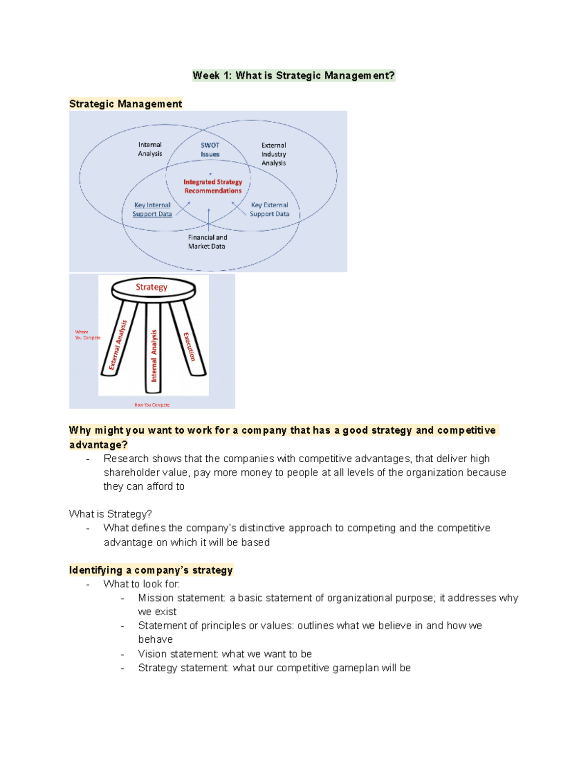 BUS800 Strategic Management Class Notes: Weeks 1-3 Overview - Studocu