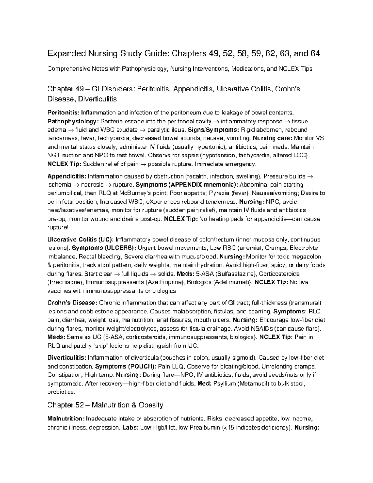 Nursing Study Guide: Ch 49, 52, 58-64 - Key Concepts & NCLEX Tips - Studocu