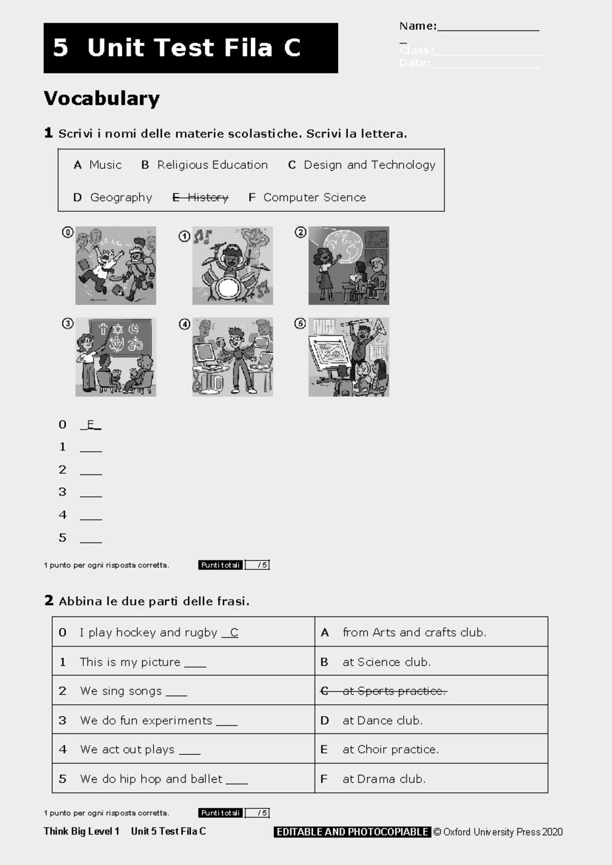 Think Big 1 Unit 5 Test Fila C - Vocabulary and Grammar Exercises - Studocu