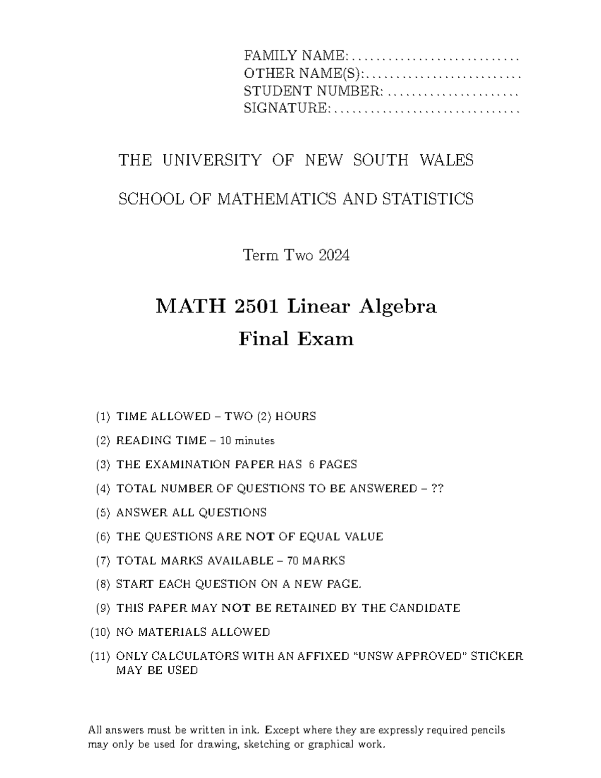 Final Exam MATH 2501 Linear Algebra T2 2024 - Studocu