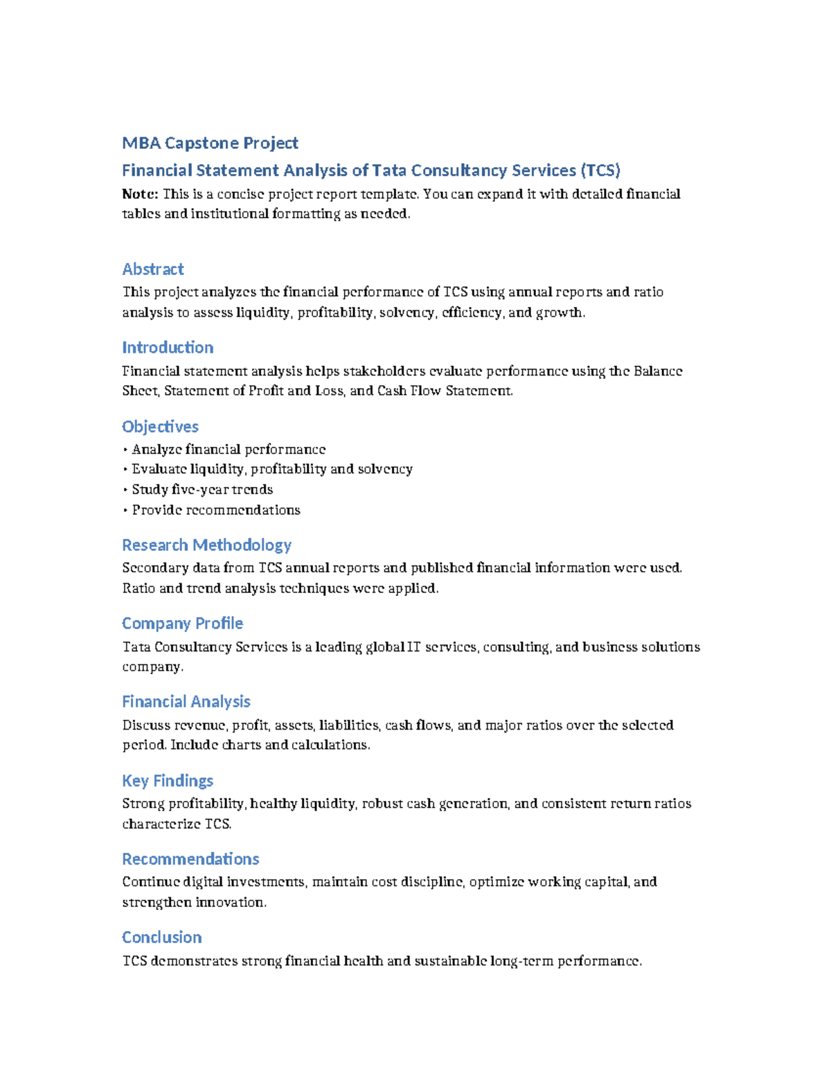 MBA Capstone Project: TCS Financial Statement Analysis Report - Studocu
