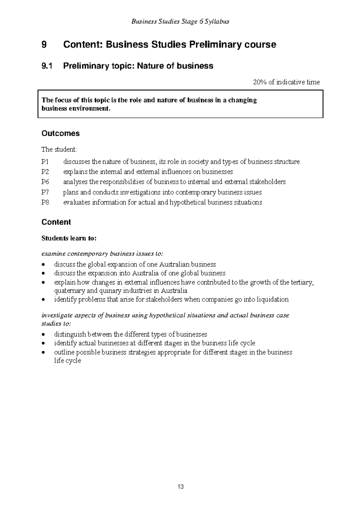 Business Studies Stage 6: Preliminary Course Overview and Key Topics ...