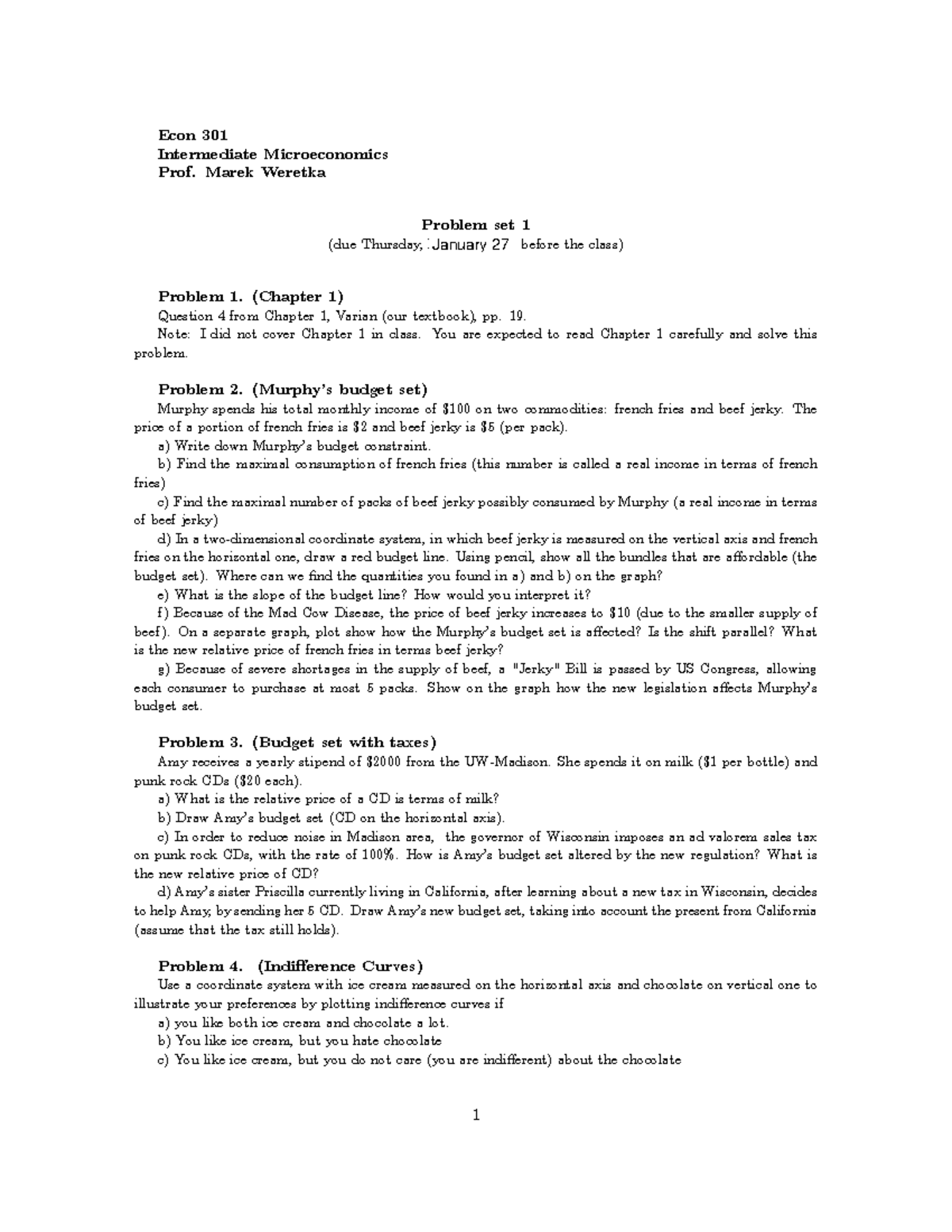 Econ 301: Problem Set 1 Solutions for Intermediate Microeconomics - Studocu