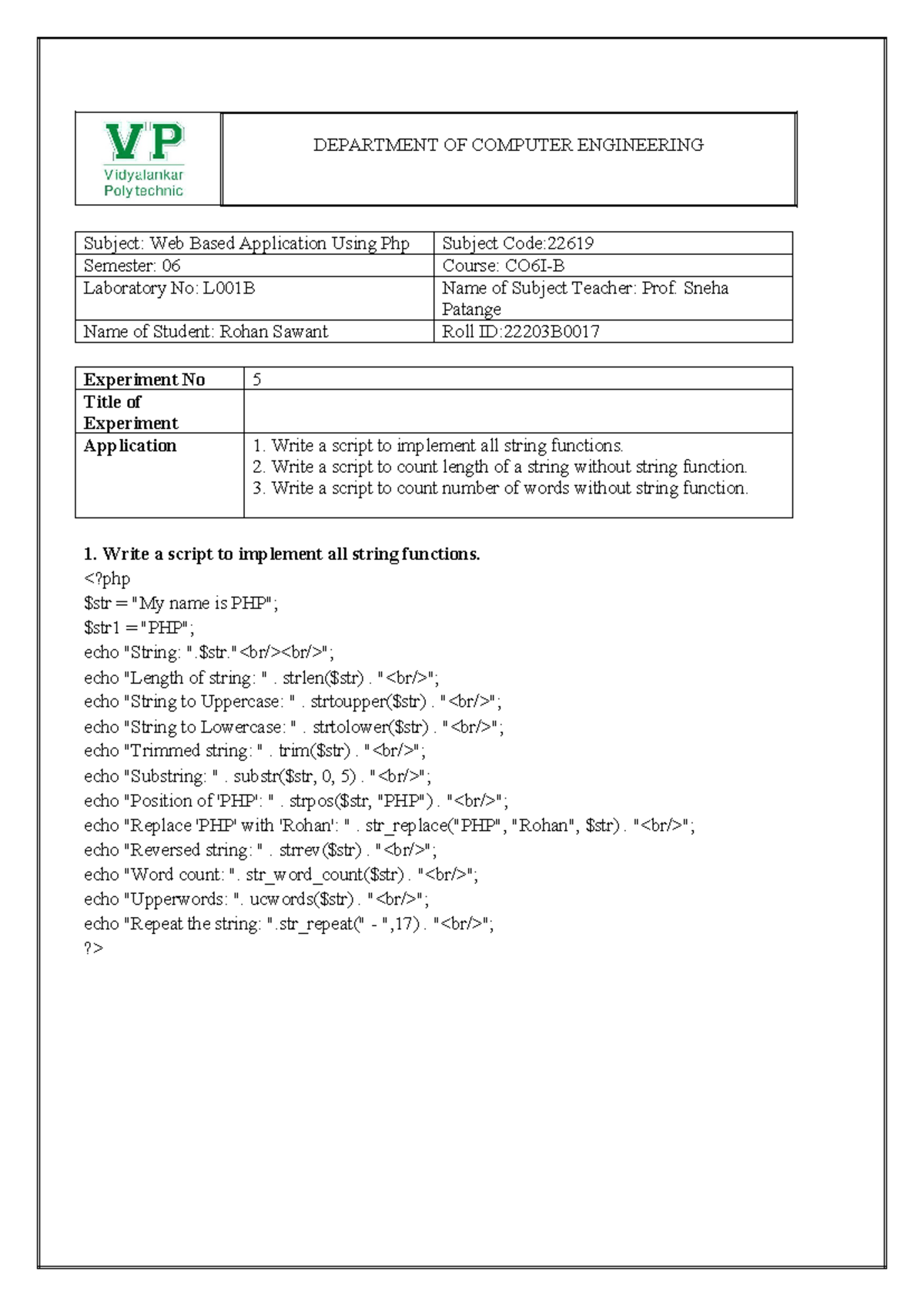 PHP EXP 5 - php practical - DEPARTMENT OF COMPUTER ENGINEERING Subject ...