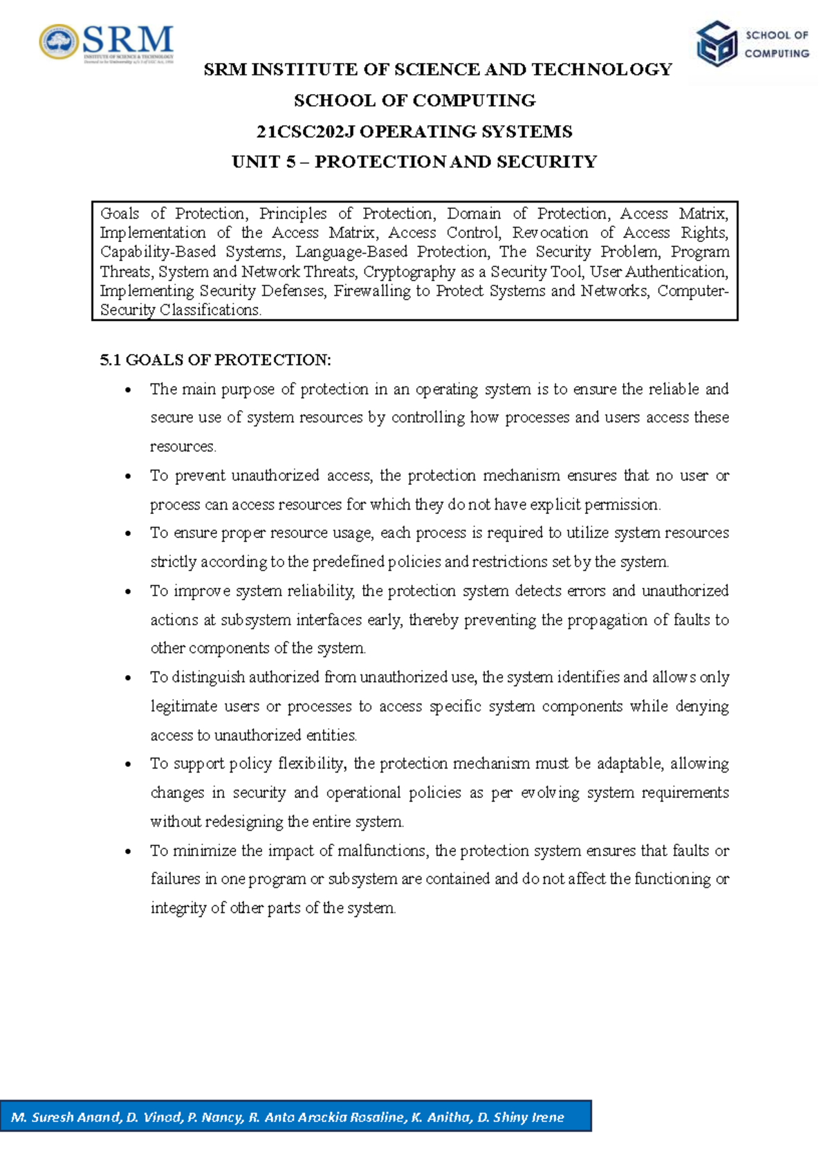 SRM 21CSC202J Operating Systems Unit 5: Protection & Security Notes ...