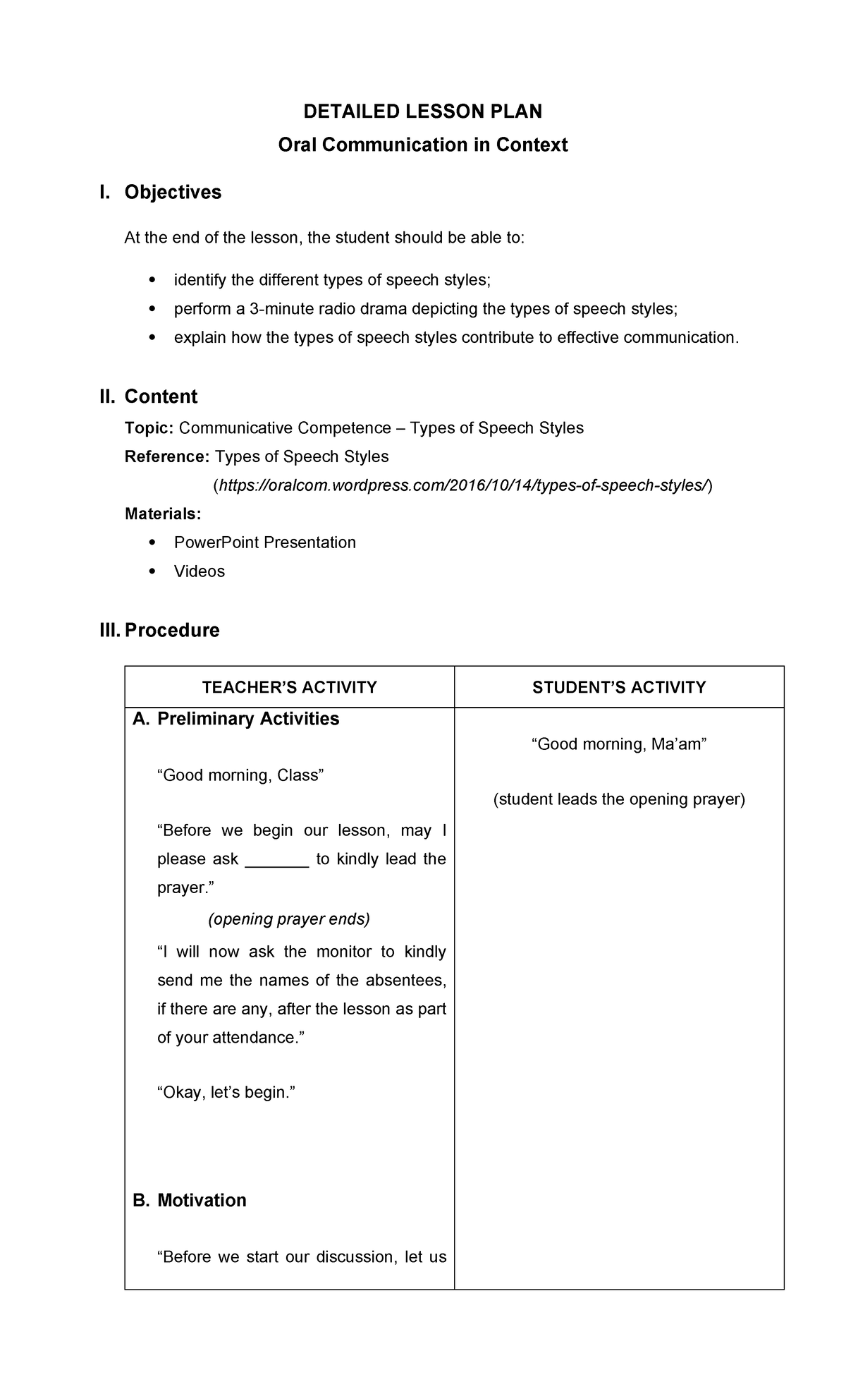 Detailed Lesson Plan: Types of Speech Styles in Oral Communication ...