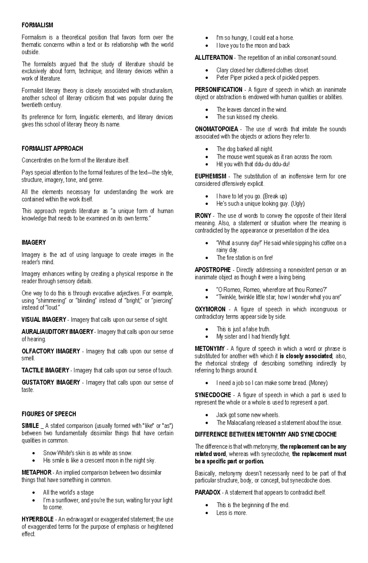Formalism in Literature: Key Concepts and Figures of Speech - Studocu