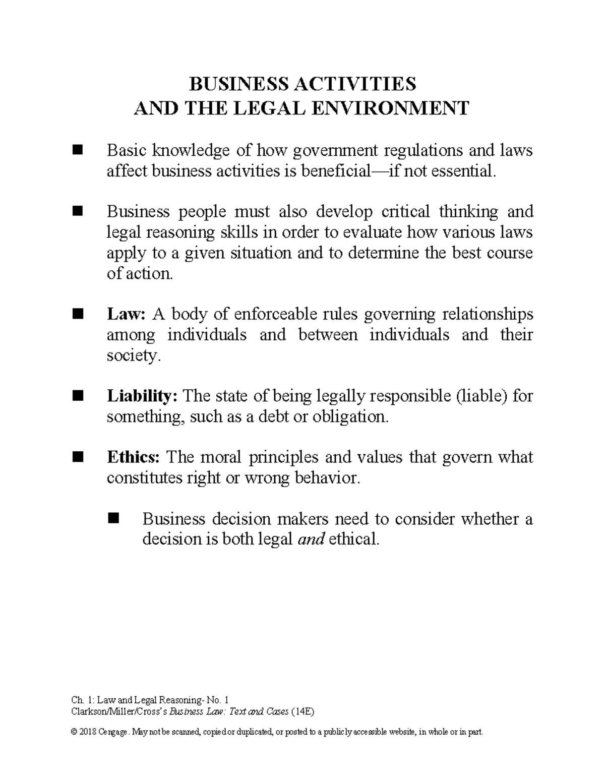 BUSINESS LAW: CH. 1 - LEGAL ENVIRONMENT & SOURCES (14E) - Studocu