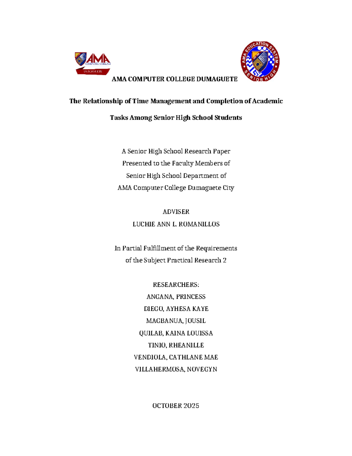 AMA COMPUTER COLLEGE DUMAGUETE Time Management & Academic Task ...