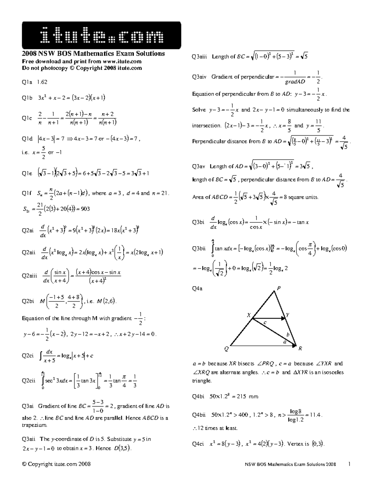 NSW BOS Mathematics Exam Solutions 2008 - iTute.com - Studocu