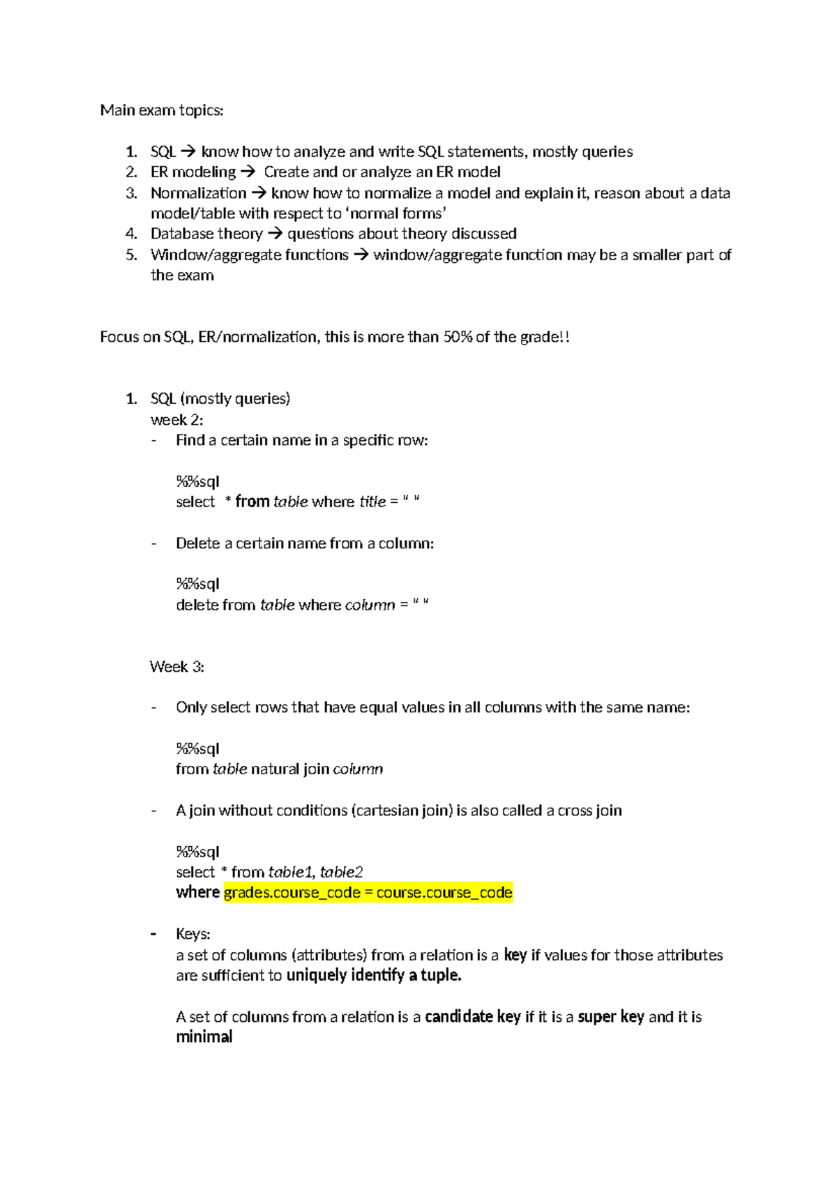 Exam Topics Overview for Database Systems (Course Code: DV-95 ...