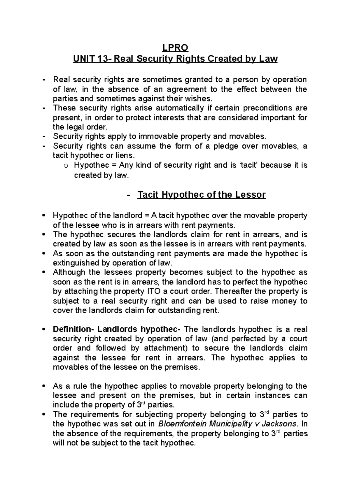 LPRO UNIT 13: Understanding Real Security Rights by Law - Studocu