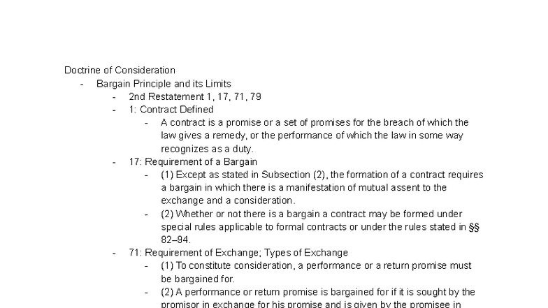 Contracts Outline Doctrine Of Consideration Bargain Principles Law