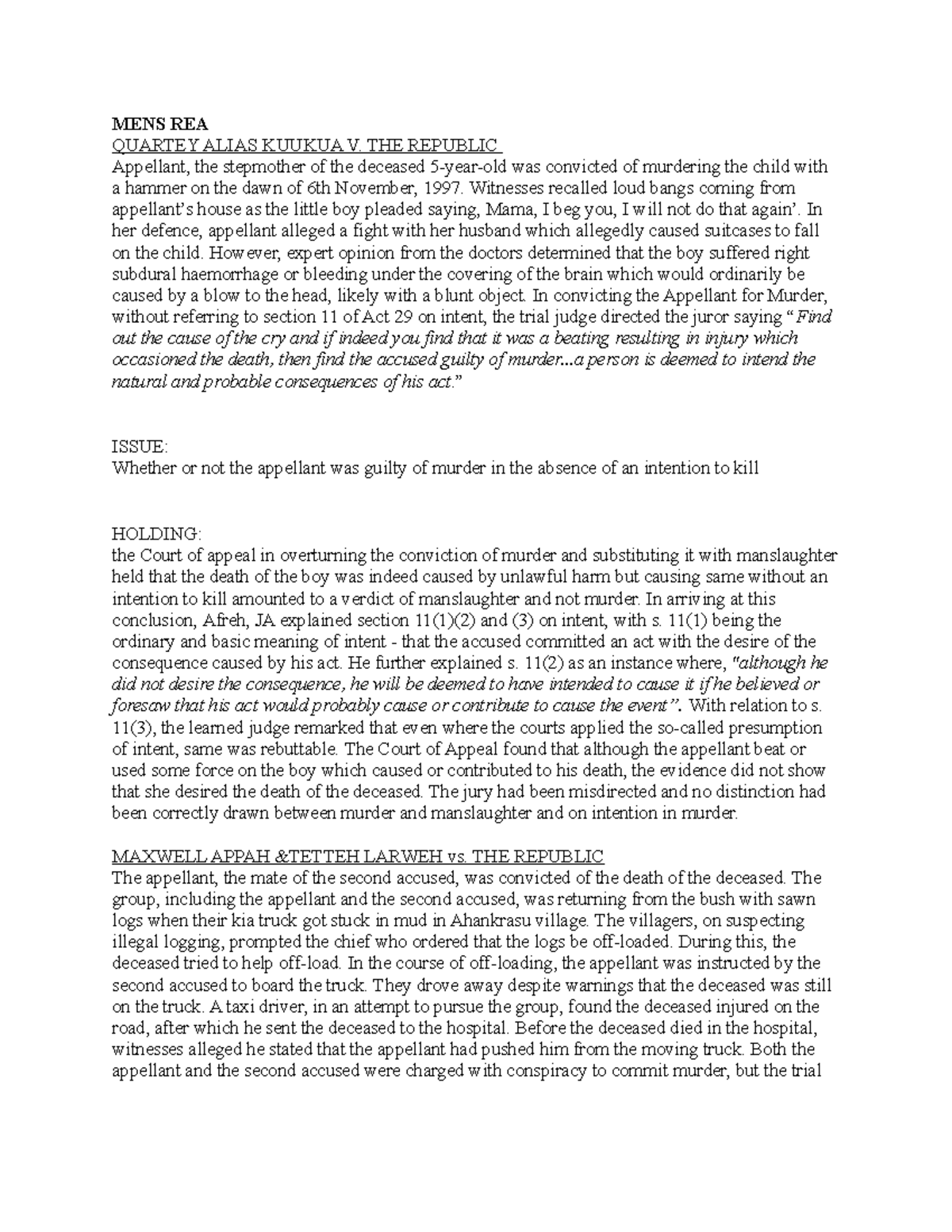 Case Briefs on Criminal Law: MENS REA, Murder, Manslaughter & Forgery ...