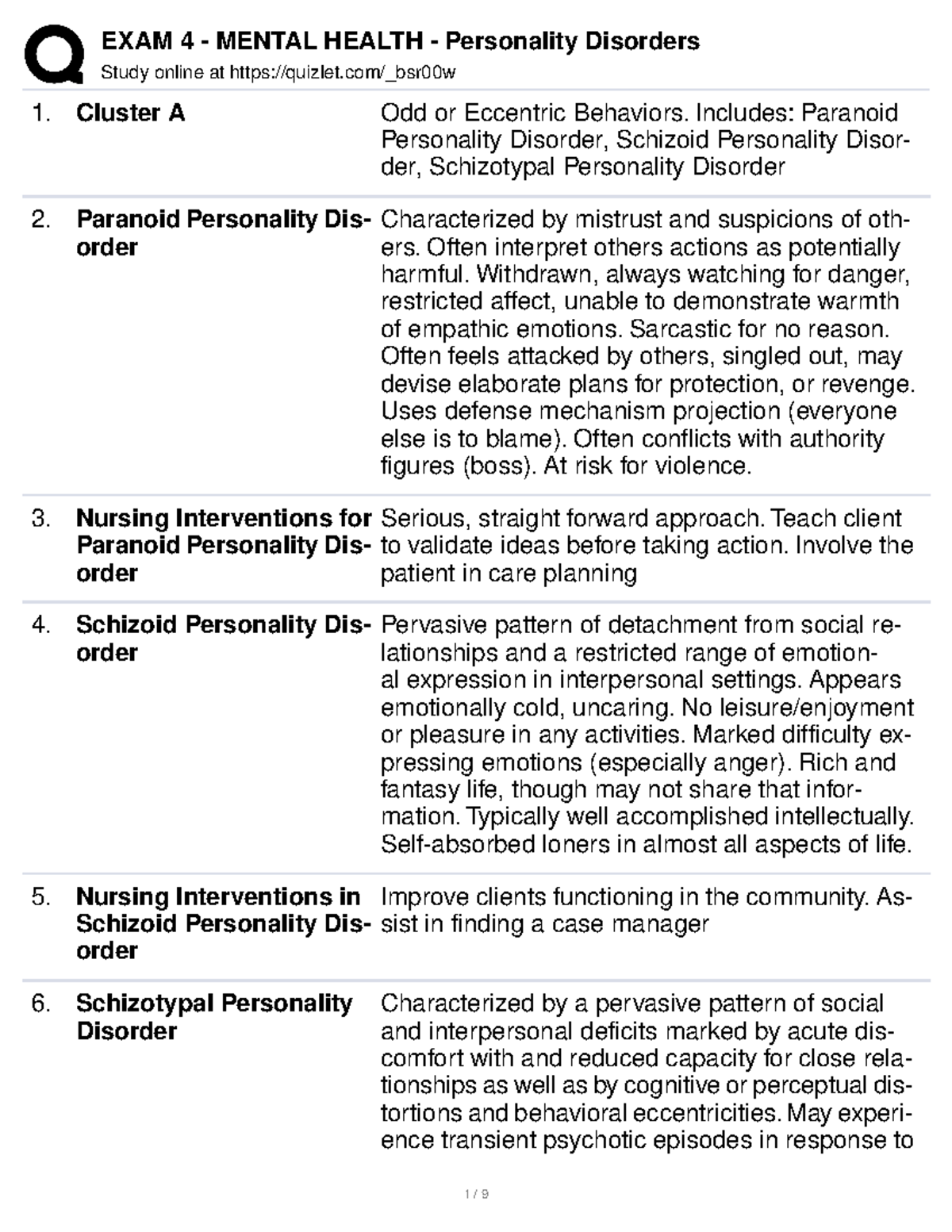 Exam 4 - Personality Disorders & Nursing Interventions Overview - Studocu