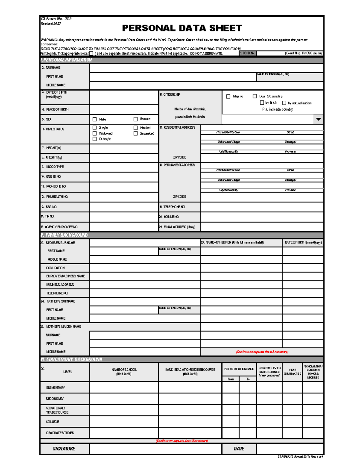 CS Form No. 212 Personal Data Sheet Instructions (Revised 2017) - Studocu